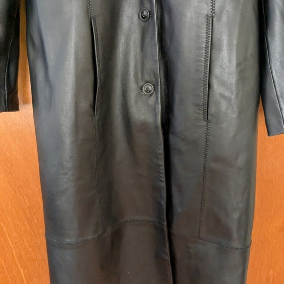 Vintage 90s grunge black leather fur collar full length trench coat button down - Picture 10 of 11